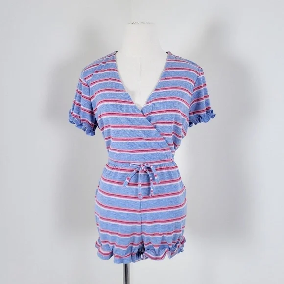 La Vie en Rose romper striped ruffles short rayon short sleeve summer spring - Picture 12 of 14